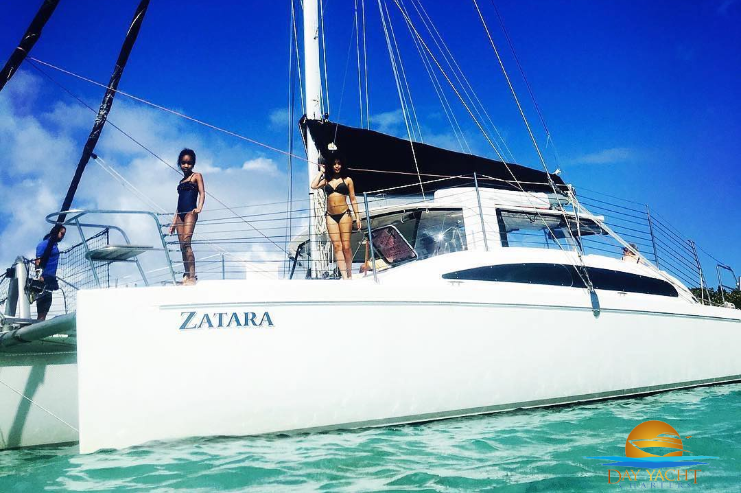 Catamaran anchored in turquoise water off Icacos Island, Puerto del Rey Marina Fajardo
